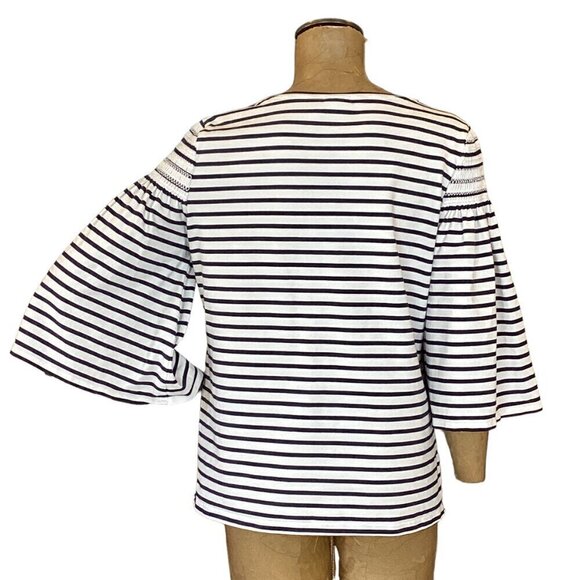 Chico's Breton Stripe Knit Top Sz 2 (L/12) Smock Shoulder Bell-Flare Sleeve 296H - Picture 9 of 12